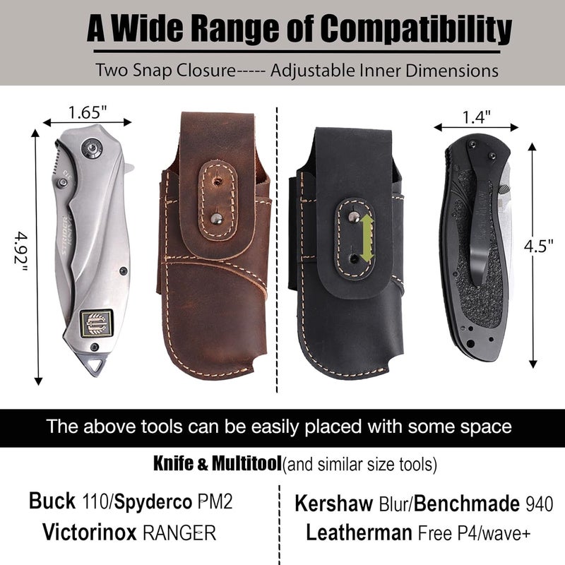 topstache Leather Knife Sheath for Belt - Horizontal Carry Knife Holster - EDC Belt Organizer - Leather Multitool Sheath Pouch with Two Snap Closure for Folding Knife, Black - Image 4